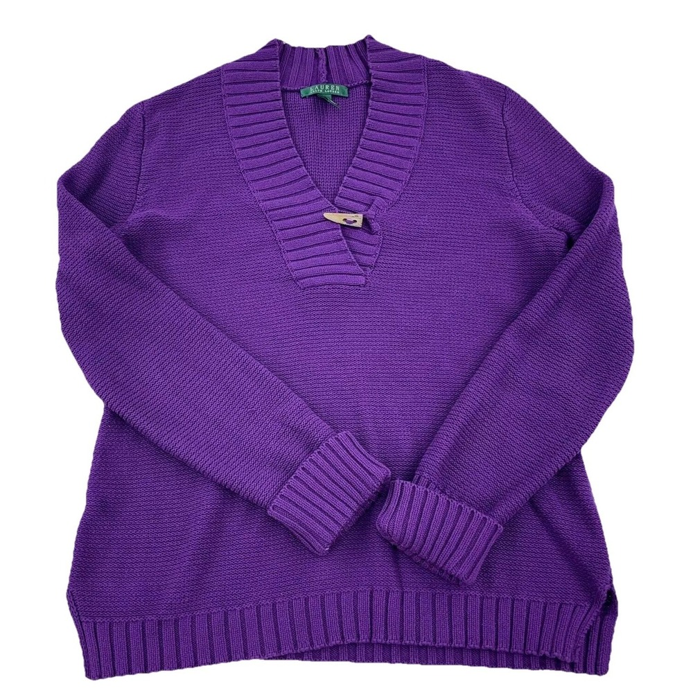 Lauren Ralph Lauren Sweater Women XL Purple Chunky Knit Ribbed Toggle Button LRL